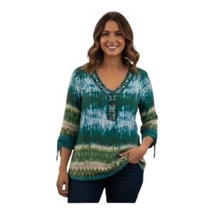 Bedazzled Jeweled Blouse Top Boho Autumn Forest Peacock Colors S Dressbarn EUC